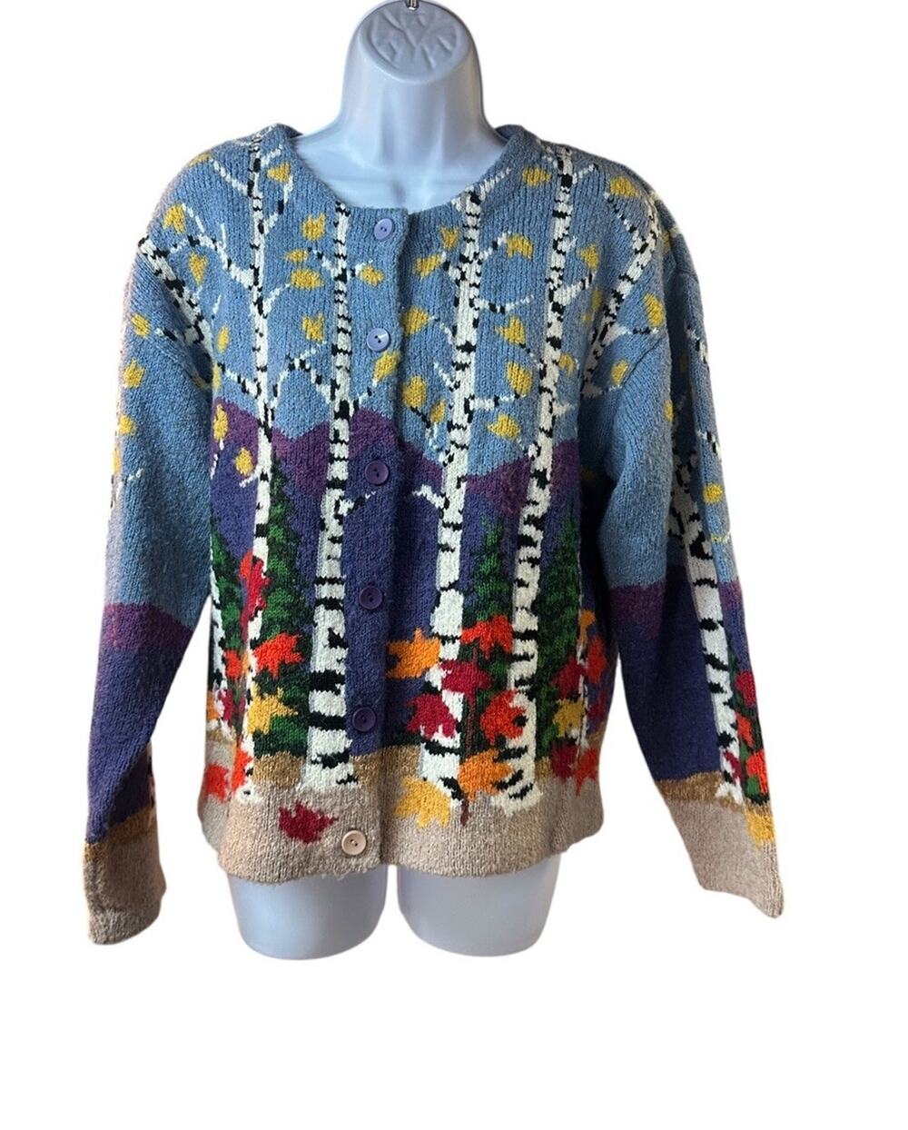Design Options Birch Tree Landscape Cardigan Fall Cabin Lodge Sweater Medium